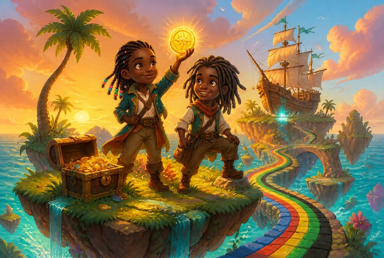 Two young Kashology heroes holding a glowing gold coin beside a treasure chest on a floating island